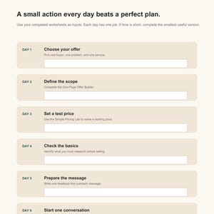 May include: A seven-day action planner worksheet titled First Client Quest. The page features the text A small action every day beats a perfect plan, followed by six numbered daily tasks with blank input fields for planning business activities.