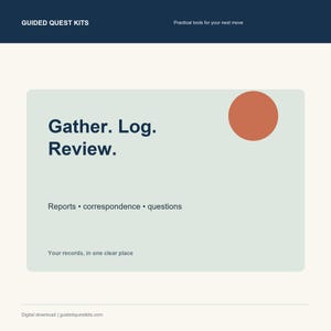 May include: A digital graphic with a dark blue header reading GUIDED QUEST KITS and Practical tools for your next move. The light green central panel features the text Gather. Log. Review., Reports &bull; correspondence &bull; questions, and Your records, in one clear place, with a burnt orange circle.