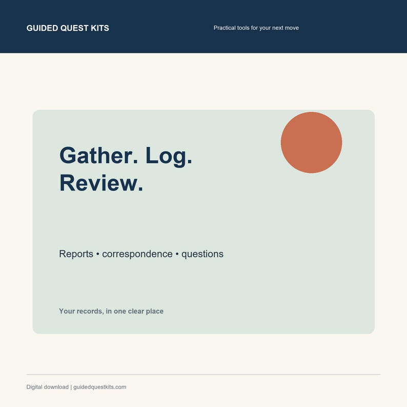 May include: A digital graphic with a dark blue header reading GUIDED QUEST KITS and Practical tools for your next move. The light green central panel features the text Gather. Log. Review., Reports &bull; correspondence &bull; questions, and Your records, in one clear place, with a burnt orange circle.