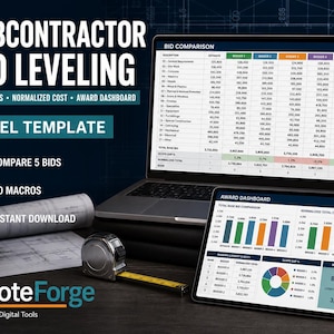 May include: A digital Subcontractor Bid Leveling Excel template displayed on a laptop and tablet screen. The interface shows bid comparison tables, bar charts, and a pie chart. A white hard hat, rolled blueprints, and a metal tape measure are present.