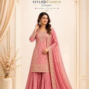 May include: A pink sharara suit featuring a long-sleeved tunic with intricate gold embroidery and a matching flared bottom. The ensemble includes a sheer pink dupatta with a gold embroidered border. Text at the top reads SF STYLISH FASHION Designs.