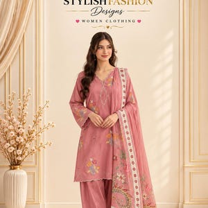 May include: A dusty rose-coloured salwar kameez set featuring a long-sleeved tunic with floral embroidery, matching trousers, and a coordinating dupatta with a decorative border. The text SF STYLISH FASHION Designs WOMEN CLOTHING is visible.