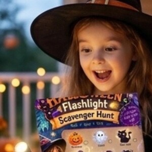 Op de afbeelding: Een Halloween Flashlight Scavenger Hunt spelbord met illustraties van een pompoen, spook, zwarte kat, heksenhoed, vleermuis, spin en ketel, met de tekst Halloween Flashlight Scavenger Hunt en Find, Spot, & Tag.