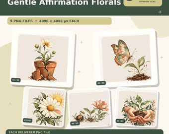 Sanfte Affirmationen – Blumen-PNG-Bundle | 5 transparente Designs für T-Shirts, Tassen & Tragetaschen | Sofort-Download