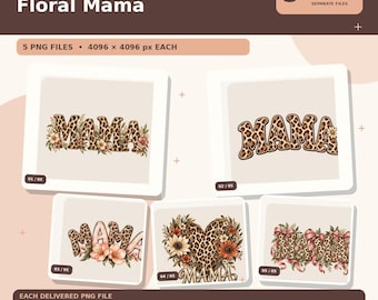 Floral Mama PNG-Bundle | 5 transparente Designs für T-Shirts, Tassen & Tragetaschen | Sofort-Download