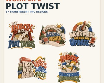 Typografie-Bundle „Work-Life Plot Twist“, 17 Bürohumor-PNGs (Digitaler Download)