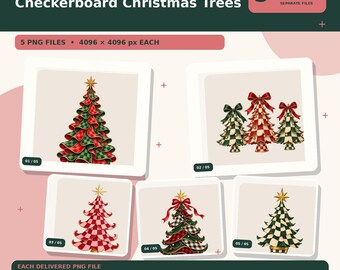 Schachbrettmuster-Weihnachtsbäume (PNG-Bundle) | 5 transparente Designs für T-Shirts, Tassen & Tragetaschen | Sofort-Download