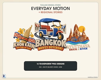 Thailand PNG-Bundle, 16 thailändische Reise- und Essensmotive für T-Shirts, Tassen und Bastelarbeiten
