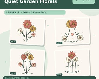 Blumen-PNG-Bundle „Ruhiger Garten“ | 4 botanische T-Shirt- und Tassendesigns, sofortiger ZIP-Download