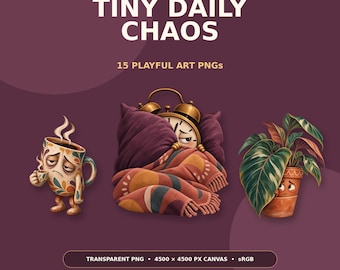 Lustige Alltagsgegenstände PNG-Bundle, 15 verspielte Charakter-Cliparts für T-Shirts, Tassen und Bastelarbeiten