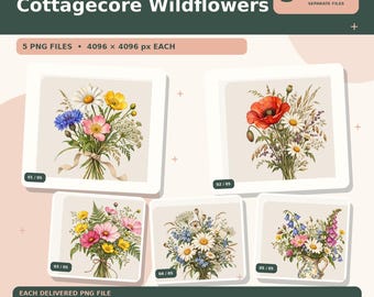 Cottagecore-Wildblumen-PNG-Bundle | 5 transparente Designs für T-Shirts, Tassen & Tragetaschen | Sofort-Download