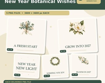 Botanische Neujahrswünsche 2027 (PNG-Bundle), 5 florale Grafiken für T-Shirts und Tassen