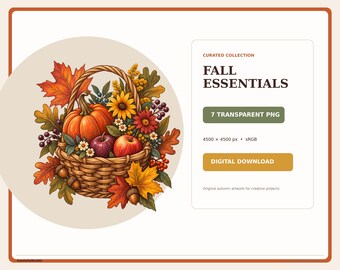 Herbstliches PNG-Bundle, Herbst-Cliparts, 7 transparente Designs, Kürbisblätter & gemütliche saisonale Grafiken