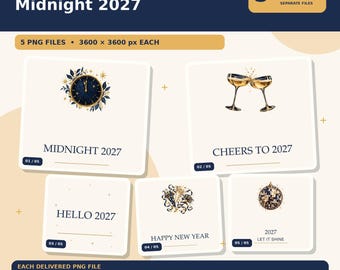Frohes Neues Jahr 2027! PNG-Bundle mit 5 Designs für Mitternachtspartys – perfekt für T-Shirts und Tassen.