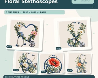 Blumen-Stethoskope (PNG-Bundle) | 5 transparente Designs für T-Shirts, Tassen & Tragetaschen | Sofort-Download
