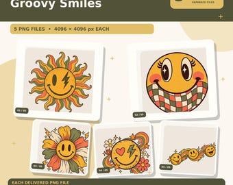 „Groovy Smiles“-PNG-Bundle | 5 transparente Designs für T-Shirts, Tassen & Tragetaschen | Sofort-Download