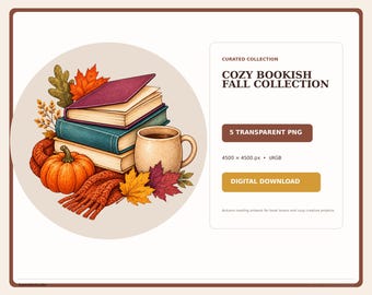 Gemütliche Herbst-Cliparts für Bücherliebhaber, 5 transparente PNG-Designs, Bücher, Kaffee, Kürbis & Herbstlesegrafiken