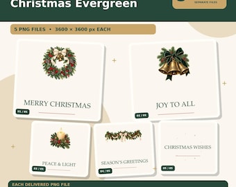 Weihnachtliches Immergrün-PNG-Bundle, 5 Kranz-, Glocken- und Kerzen-Festtagsgrafiken