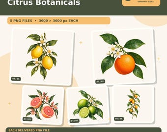 PNG-Bundle mit Zitrusmotiven | 5 Designs mit Zitrone, Orange, Limette, Grapefruit und Kumquat für T-Shirts und Tassen