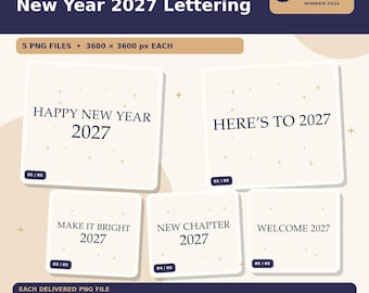 PNG-Schriftzug-Bundle „Frohes Neues Jahr 2027“, 5 minimalistische Party-Zitate