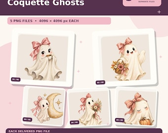 Kokette Geister PNG-Bundle | 5 transparente Designs für T-Shirts, Tassen & Tragetaschen | Sofort-Download