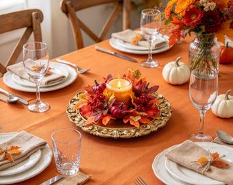 Handgefertigter Herbst-Kerzenkranz, künstlicher Kürbis-Ahornblatt-Minikranz, Tischdekoration für Thanksgiving, Halloween-Dekoration