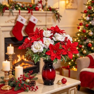 Puede incluir: Un ramo de flores de pascua rojas y rosas blancas en un jarrón de cristal rojo oscuro. El arreglo incluye bayas rojas y follaje verde, expuesto sobre una mesa con tres velas blancas de pilar y piñas de pino.