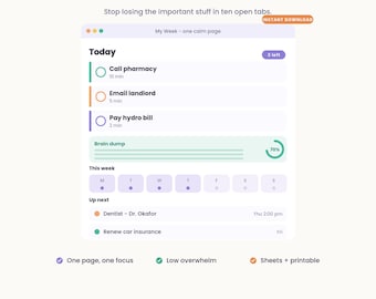 ADHD Planner Google Sheets | Adult ADHD Life Admin & Bill Tracker | Neurodivergent Digital Planner + Printable Daily Reset | Brain Dump