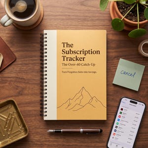 May include: A spiral-bound notebook with a mustard yellow cover featuring the text The Subscription Tracker, The Over-40 Catch-Up, and Turn Forgotten Subs into Savings, along with a simple black line drawing of a mountain range on the front.