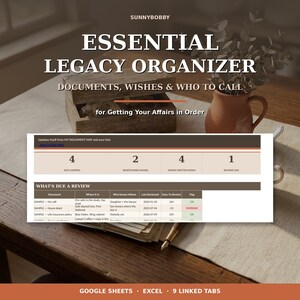 May include: A digital Essential Legacy Organizer spreadsheet template for Google Sheets and Excel. The interface displays document tracking, beneficiary names, and review status tables with text including "DOCS MAPPED" and "WHAT'S DUE A REVIEW".