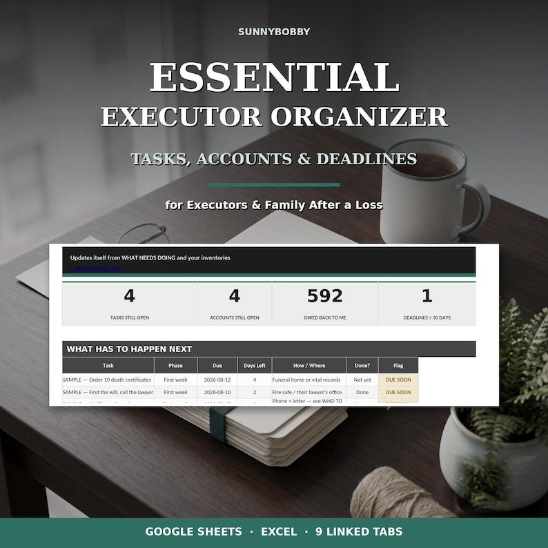 May include: A digital Essential Executor Organizer spreadsheet template for Google Sheets and Excel. The interface displays task tracking, open accounts, financial totals, and deadlines. It includes a table titled What Has To Happen Next.