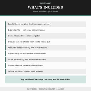 May include: A digital document titled WHAT'S INCLUDED by SUNNYBOBBY listing features: Google Sheets template link, Excel .xlsx file, 9 linked tabs, executor task list, account and asset inventory, who-to-notify list, estate expense log, and probate deadline tracker.