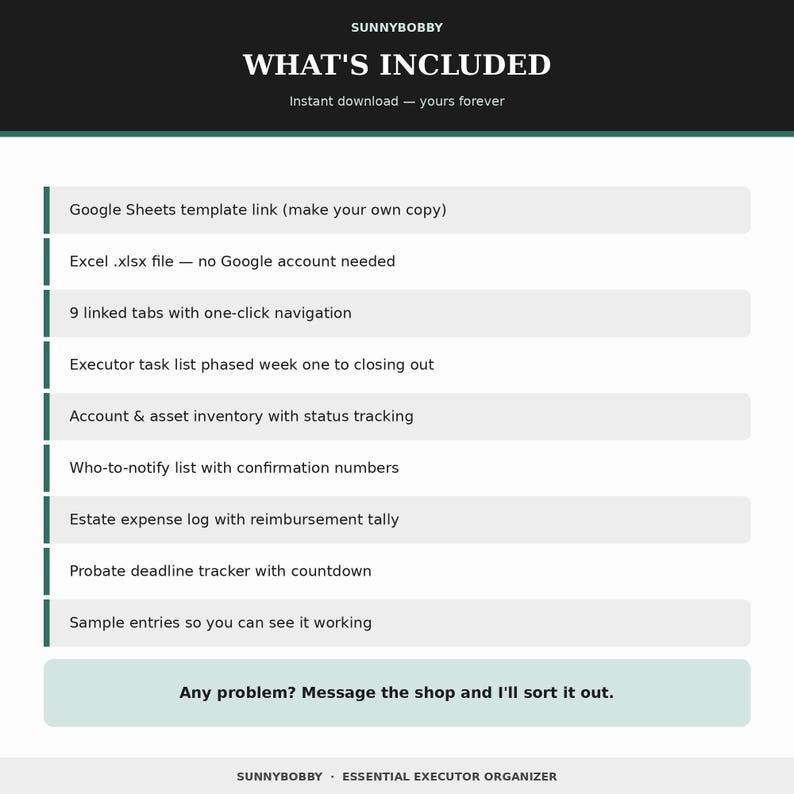 May include: A digital document titled WHAT'S INCLUDED by SUNNYBOBBY listing features: Google Sheets template link, Excel .xlsx file, 9 linked tabs, executor task list, account and asset inventory, who-to-notify list, estate expense log, and probate deadline tracker.
