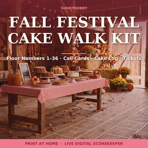 May include: A Fall Festival Cake Walk Kit by Sunnybobby featuring floor numbers 1-36, call cards, a cake log, and tickets. The kit includes print at home materials and a live digital scorekeeper for organizing a cake walk event.