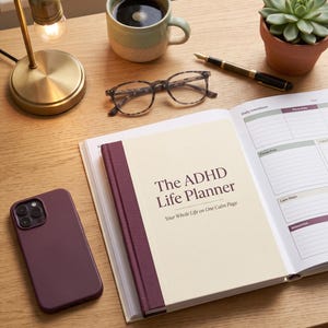 May include: An open planner titled The ADHD Life Planner with the subtitle Your Whole Life on One Calm Page, featuring a cream cover with a dark purple spine, placed next to a dark purple smartphone, a brass lamp, a mug, glasses, and a pen.