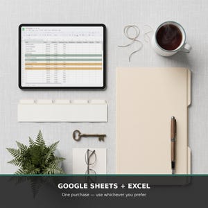 May include: A tablet displaying a spreadsheet, a white mug with dark liquid, a beige file folder with a pen, a metal key, a small potted fern, and a set of blank white index tabs. The text at the bottom reads GOOGLE SHEETS + EXCEL.