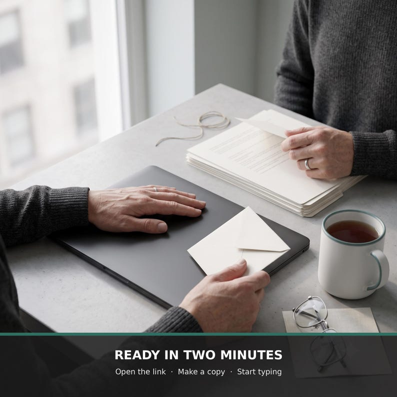 May include: A black laptop, a stack of cream-colored paper, a cream envelope, a white mug with a dark beverage, and clear-framed glasses. Text on the image reads: READY IN TWO MINUTES. Open the link. Make a copy. Start typing.