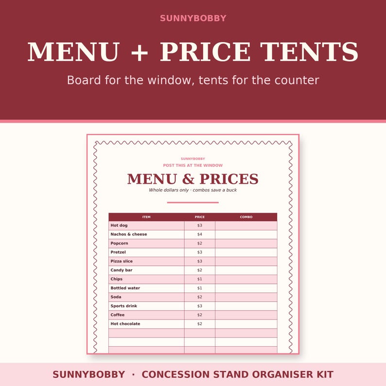 Concession Stand Printable Kit | Booster Club Menu Board, Inventory ...