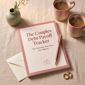 May include: A rectangular book titled The Couples Debt Payoff Tracker with the subtitle Two Incomes, One Plan, Zero Blame. The cover is pink with a white center, featuring a gold pen, two gold rings, a cream envelope, and two mugs of coffee.