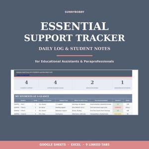 May include: A digital Essential Support Tracker spreadsheet for educational assistants and paraprofessionals. The interface displays a dashboard with student support metrics and a table titled My Students at a Glance, featuring columns for student details, support types, and accommodations.