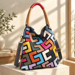 Puede incluir: Un bolso de estilo hobo con un diseño de patchwork de formas geométricas en rojo, amarillo, naranja, azul, rosa, verde y blanco sobre una base negra. Incluye un asa de cuero color canela con un detalle rojo y una correa de hombro azul oscuro.