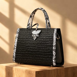 May include: A structured black handbag featuring a textured crocodile-embossed pattern, accented with white and black snakeskin-patterned trim on the sides and dual top handles, plus a triangular snakeskin-patterned decorative charm.