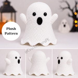 May include: A white crocheted ghost plush toy featuring two round black plastic eyes and an oval black mouth. The ghost has a rounded head, two small arms extended outward, and a wavy bottom edge. The text Plush Pattern is visible.