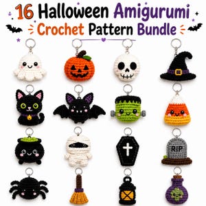 Puede incluir: Una colección de 16 patrones de ganchillo amigurumi con temática de Halloween que incluye llaveros de fantasma, calabaza, calavera, sombrero de bruja, gato, murciélago, Frankenstein, maíz dulce, caldero, momia, ataúd, lápida, araña y poción.