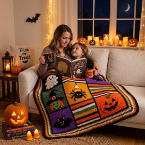 Może przedstawiać: Wielokolorowy szydełkowany koc z kwadratowymi panelami z naszytymi motywami halloweenowymi, w tym białym duchem, czarownicą, czarnym pająkiem w kapeluszu z cukierka, nietoperzem i dynią, oddzielonymi pasami w kolorach pomarańczowym, zielonym i czarnym.