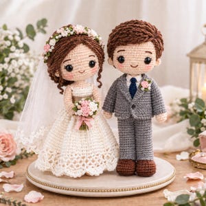 May include: Two crochet dolls representing a wedding couple. The figure on the left wears a white dress with a lace hem, a floral crown with pearls, and a sheer veil. The figure on the right wears a gray suit with a dark blue tie and brown shoes.