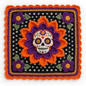 May include: A square crochet motif featuring a central white sugar skull with colorful floral embroidery details, surrounded by layers of orange and purple petals. The background is a black grid with purple and orange flowers in the corners.