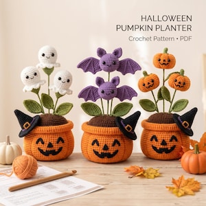 Patrón de ganchillo para maceta de calabaza de Halloween / Amigurumi de flor fantasma / Fantasma de calabaza murciélago / Decoración casera de Halloween para el hogar