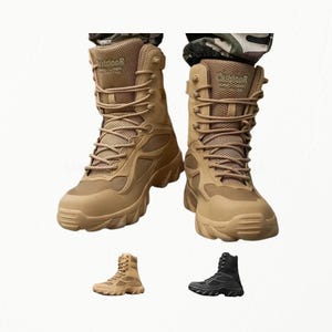 May include: A pair of tan high-top tactical boots featuring a mesh and synthetic upper, reinforced toe caps, and thick lugged outsoles. The boots have a lace-up closure system with the word Outdoor printed on the tongue. Two smaller versions are shown.