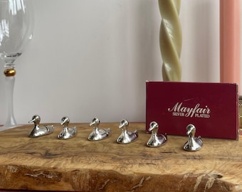 1970s Silver Plated Duck Place Card Holders Set of Six